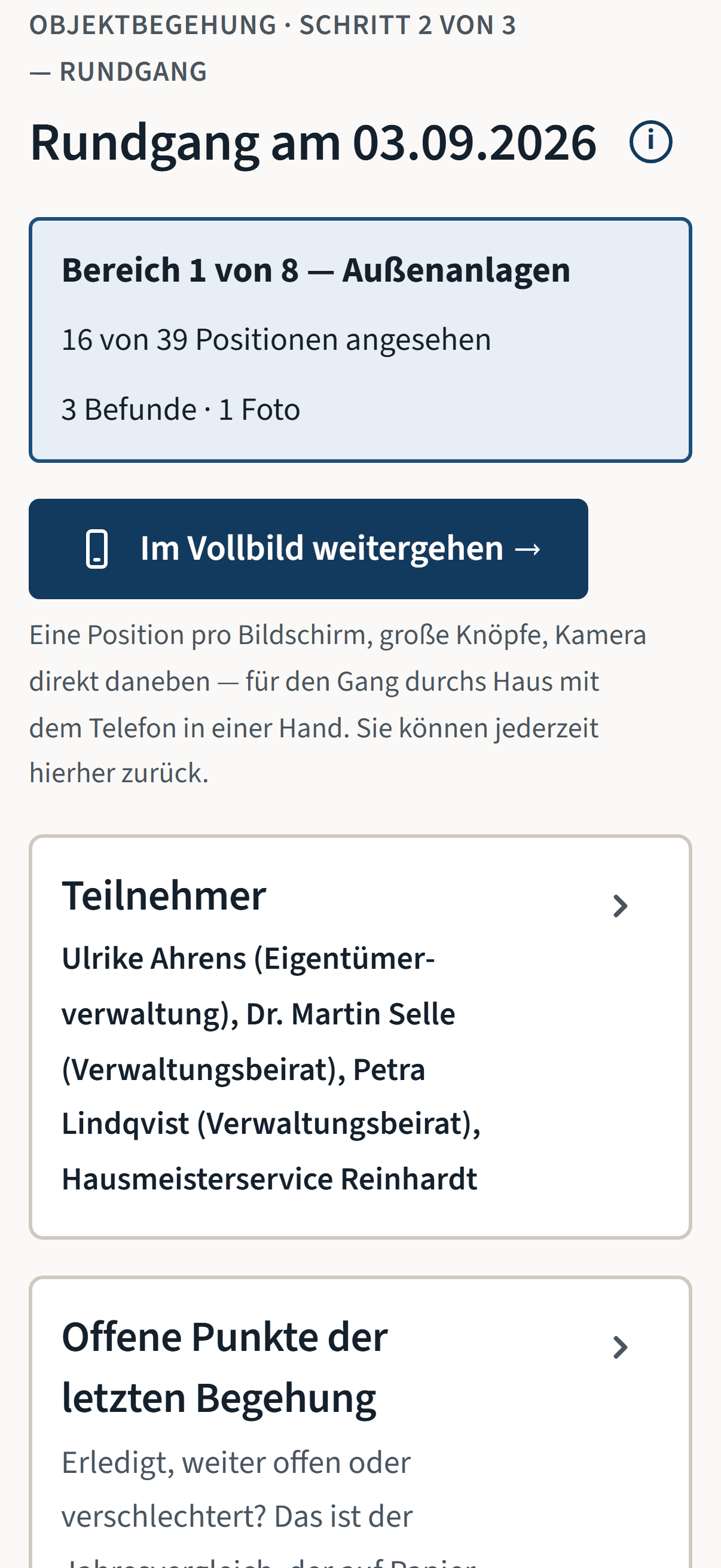 Begehung mit Fortschritt und offenen Punkten in der beschlussreif-App, gezeigt mit Beispieldaten