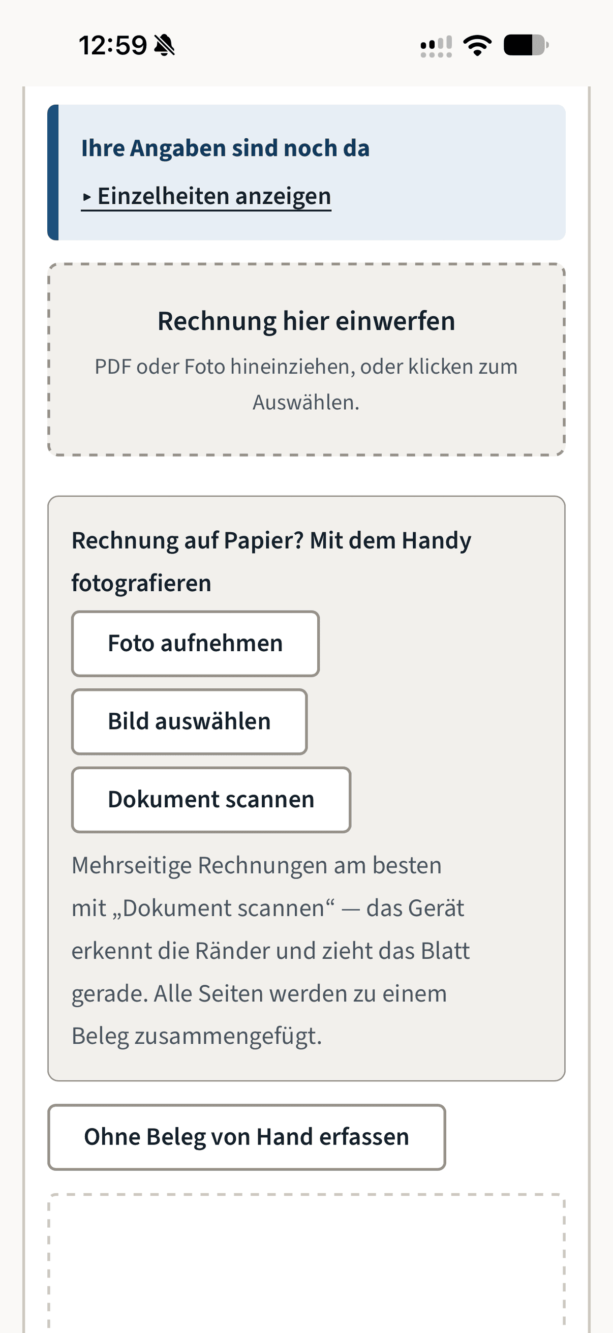 Belegeinwurf in der iPhone-App mit der Funktion Dokument scannen