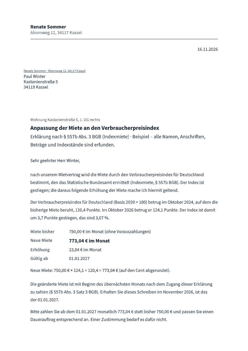 Beispiel-Brief zur Indexmiete mit bisherigem und neuem Indexstand, Rechenweg und neuer Miete