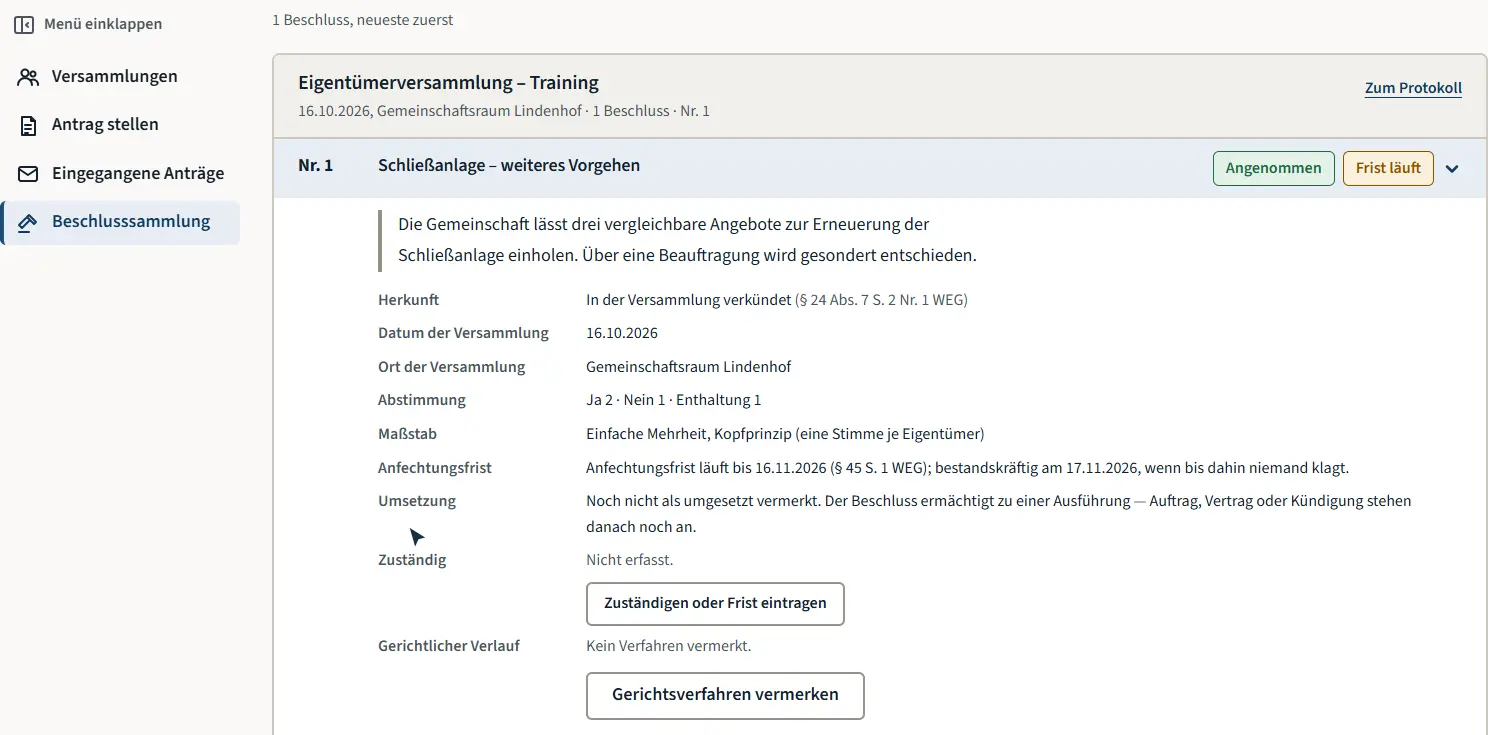 Die Beschlusssammlung in unserer Video-Anleitung, hier mit einem Trainingsbeschluss. Die PDF-Übernahme ist in dieser Aufnahme nicht dargestellt.
