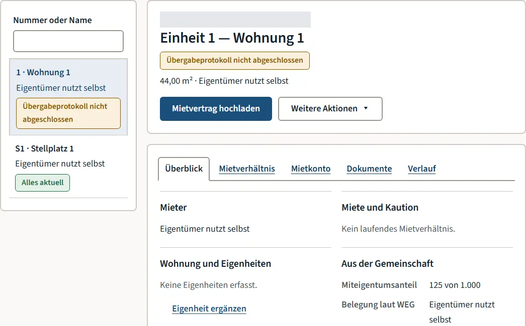 Die neue Einheitenansicht mit fünf Reitern. Die Objektbezeichnung ist abgedeckt.