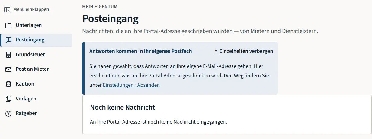 Der Posteingang in „Mein Eigentum“, hier vor dem ersten Nachrichteneingang.