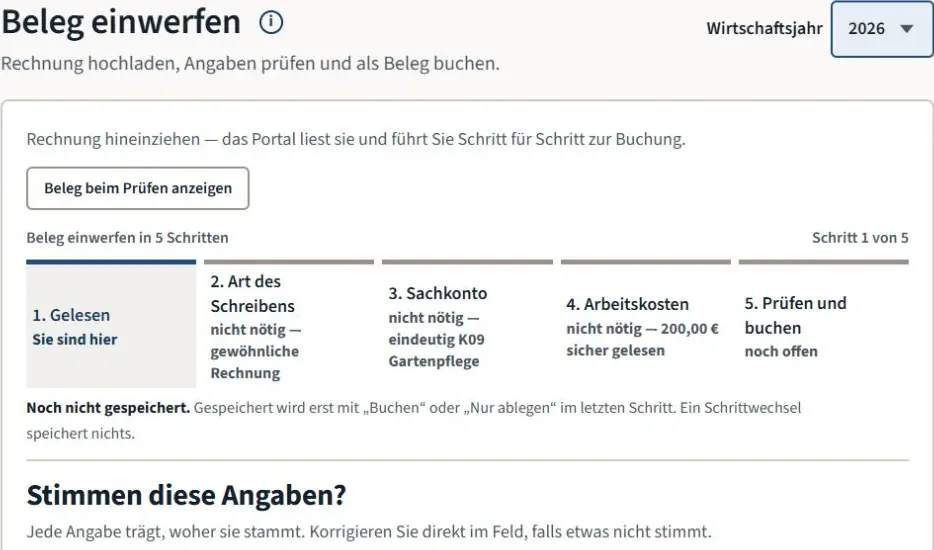 Der bekannte Prüfablauf im Rechnungseinwurf. Diese Aufnahme zeigt eine gewöhnliche Rechnung, nicht die neue XML-Belegansicht.
