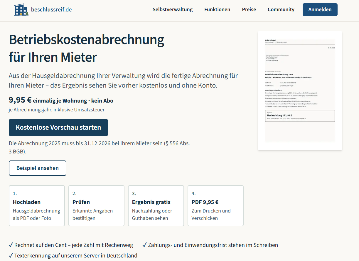 Betriebskostenabrechnung: kostenlose Vorschau vor dem Kauf, Preis der fertigen PDF-Abrechnung und die vier Schritte im Überblick.