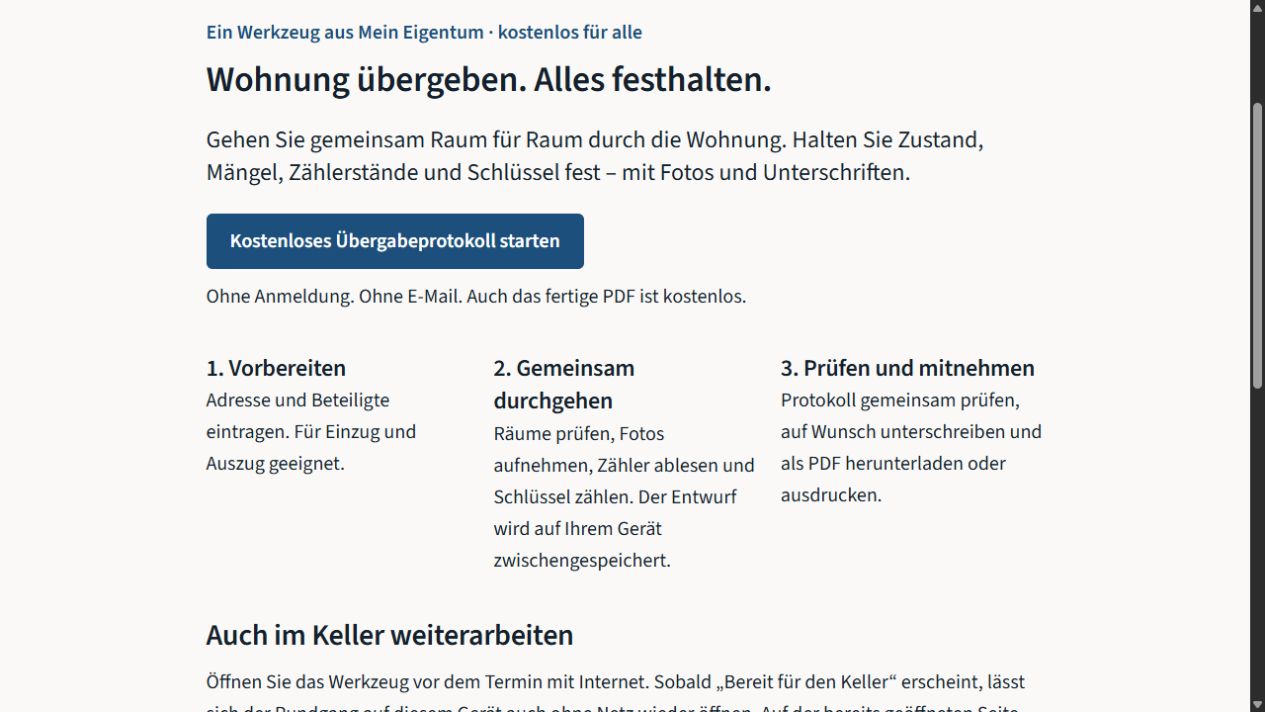 Wohnungsübergabe im Überblick: vorbereiten, gemeinsam durchgehen, prüfen und das kostenlose Protokoll mitnehmen.